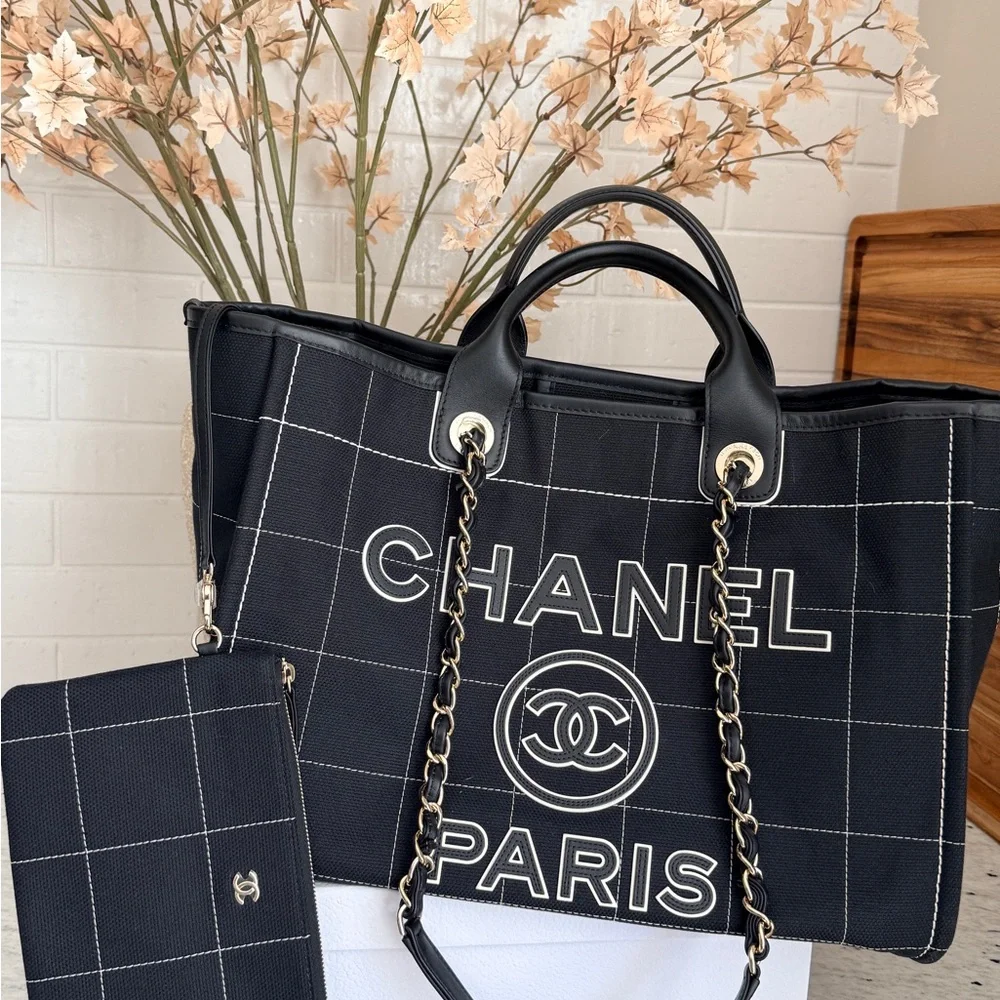 CHANEL Black Grid Canvas Tote with Chain-and-Leather Straps and Matching Pouch - Picture 2 of 14
